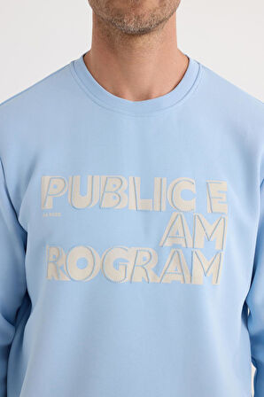 Unisex Oversize Geniş Kesim Pamuklu Yumuşak Dokulu İçi Polarlı Baskılı Mavi Sweatshirt