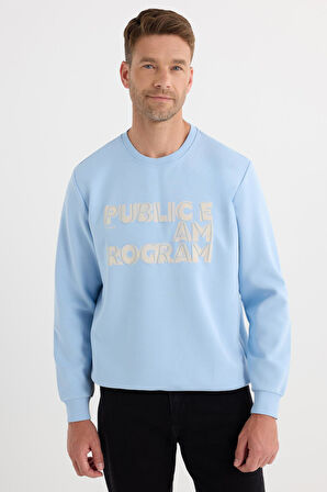 Unisex Oversize Geniş Kesim Pamuklu Yumuşak Dokulu İçi Polarlı Baskılı Mavi Sweatshirt