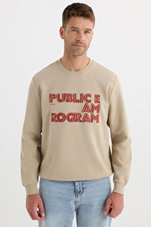 Unisex Oversize Geniş Kesim Pamuklu Yumuşak Dokulu İçi Polarlı Baskılı Bej Sweatshirt