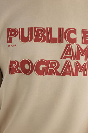 Unisex Oversize Geniş Kesim Pamuklu Yumuşak Dokulu İçi Polarlı Baskılı Bej Sweatshirt