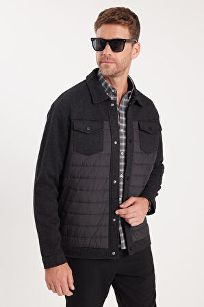 Erkek Relax Fit Rahat Kesim Çıt Çıt Düğmeli Kapitone Kapaklı Çift Cep Klasik Yaka Siyah Kaşe Mont