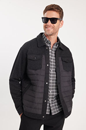 Erkek Relax Fit Rahat Kesim Çıt Çıt Düğmeli Kapitone Kapaklı Çift Cep Klasik Yaka Siyah Kaşe Mont