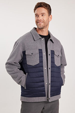 Erkek Relax Fit Rahat Kesim Çıt Çıt Düğmeli Kapitone Kapaklı Çift Cep Klasik Yaka Lacivert Kaşe Mont