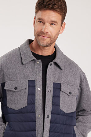 Erkek Relax Fit Rahat Kesim Çıt Çıt Düğmeli Kapitone Kapaklı Çift Cep Klasik Yaka Lacivert Kaşe Mont