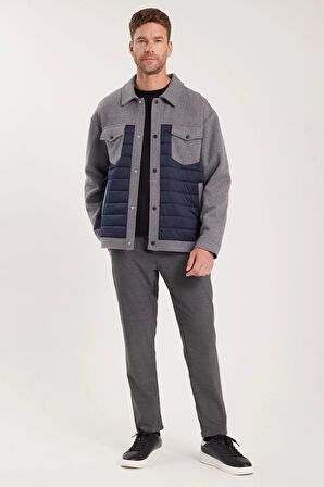 Erkek Relax Fit Rahat Kesim Çıt Çıt Düğmeli Kapitone Kapaklı Çift Cep Klasik Yaka Lacivert Kaşe Mont