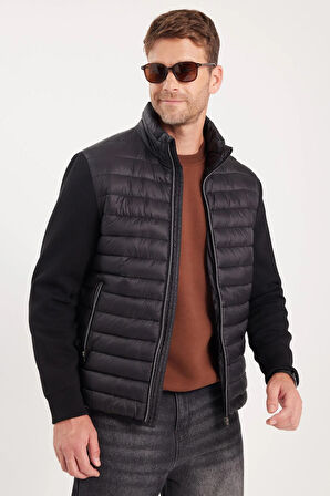 Erkek Relax Fit Rahat Kesim Kapitone Kollar Triko Çift Cepli Siyah Mont