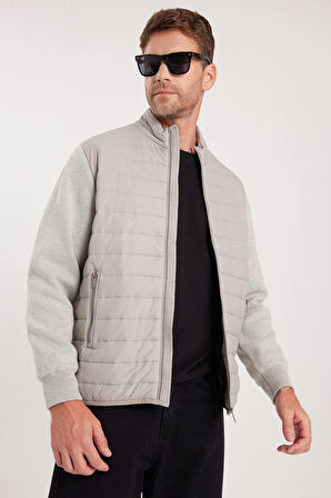 Erkek Relax Fit Rahat Kesim Kapitone Kollar Triko Çift Cepli Bej Mont