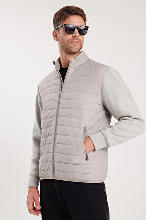 Erkek Relax Fit Rahat Kesim Kapitone Kollar Triko Çift Cepli Bej Mont