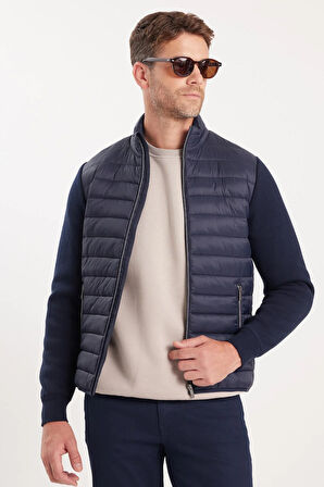 Erkek Relax Fit Rahat Kesim Kapitone Kollar Triko Çift Cepli Lacivert Mont