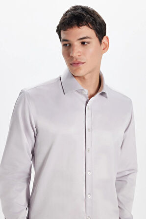 Erkek Modern Slim Fit Düz Saten Pamuklu Bej Gömlek
