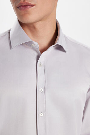 Erkek Modern Slim Fit Düz Saten Pamuklu Bej Gömlek