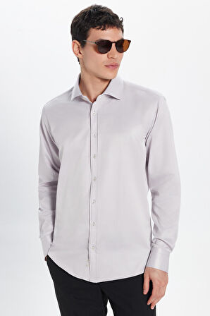 Erkek Modern Slim Fit Düz Saten Pamuklu Bej Gömlek