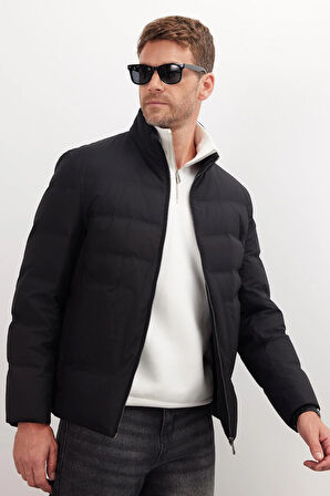 Erkek Regular Fit Klasik Kesim Kaz Tüyü Çift Cepli Fermuarlı Siyah Mont