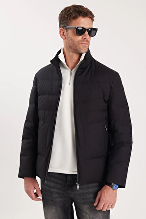 Erkek Regular Fit Klasik Kesim Kaz Tüyü Çift Cepli Fermuarlı Siyah Mont