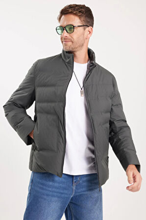 Erkek Regular Fit Normal Kesim Kaz Tüyü Çift Cepli Fermuarlı Haki Mont