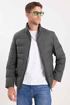 Erkek Regular Fit Normal Kesim Kaz Tüyü Çift Cepli Fermuarlı Haki Mont