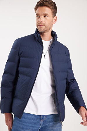 Erkek Regular Fit Normal Kesim Kaz Tüyü Çift Cepli Fermuarlı Lacivert Mont