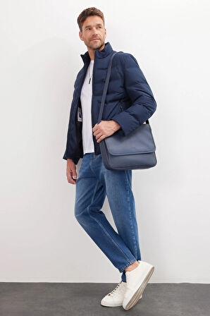 Erkek Regular Fit Normal Kesim Kaz Tüyü Çift Cepli Fermuarlı Lacivert Mont