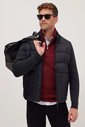 Erkek Regular Fit Klasik Kesim Fermuarlı Çift Cepli Dik Yaka Siyah Mont