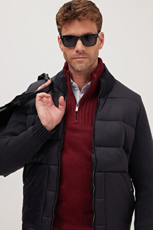 Erkek Regular Fit Klasik Kesim Fermuarlı Çift Cepli Dik Yaka Siyah Mont