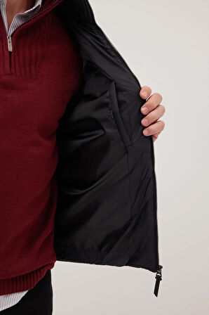 Erkek Regular Fit Klasik Kesim Fermuarlı Çift Cepli Dik Yaka Siyah Mont