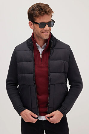 Erkek Regular Fit Klasik Kesim Fermuarlı Çift Cepli Dik Yaka Siyah Mont