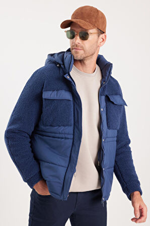 Erkek Regular Fit Klasik Kesim Kapüşonlu Fermuarlı Çift Cepli Çıtçıt Kapamalı Lacivert Mont