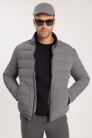 Erkek Regular Fit Klasik Kesim Dik Yaka Çift Cepli Sıcak Tutan Gri Şişme Mont