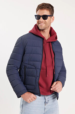 Erkek Regular Fit Klasik Kesim Dik Yaka Çift Cepli Sıcak Tutan Lacivert Şişme Mont