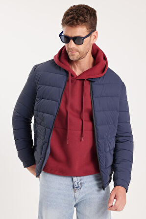 Erkek Regular Fit Klasik Kesim Dik Yaka Çift Cepli Sıcak Tutan Lacivert Şişme Mont