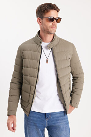 Erkek Regular Fit Klasik Kesim Dik Yaka Çift Cepli Sıcak Tutan Haki Şişme Mont