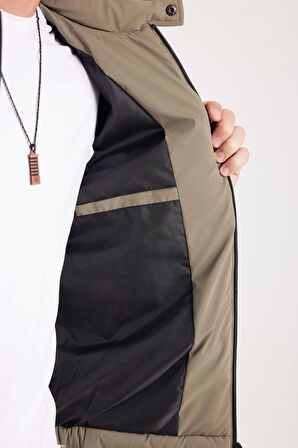 Erkek Regular Fit Klasik Kesim Dik Yaka Çift Cepli Sıcak Tutan Haki Şişme Mont