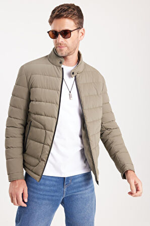 Erkek Regular Fit Klasik Kesim Dik Yaka Çift Cepli Sıcak Tutan Haki Şişme Mont