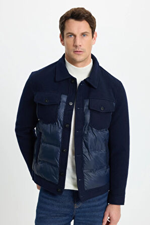 Erkek Regular Fit Klasik Kesim Çift Cepli Klasik Yaka Lacivert Kaşe Mont