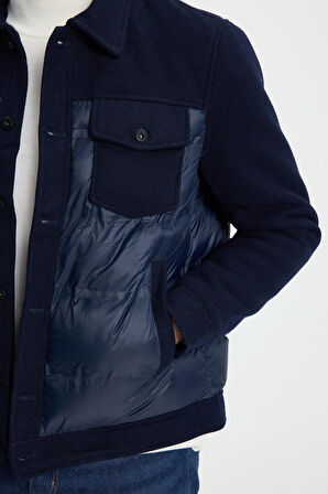 Erkek Regular Fit Klasik Kesim Çift Cepli Klasik Yaka Lacivert Kaşe Mont