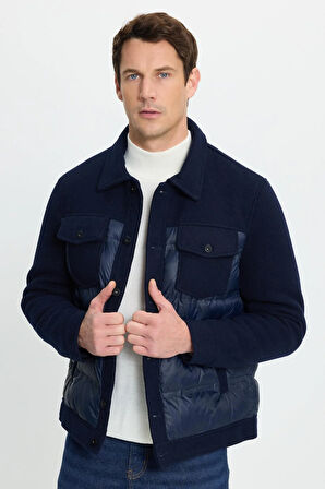 Erkek Regular Fit Klasik Kesim Çift Cepli Klasik Yaka Lacivert Kaşe Mont