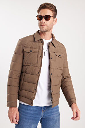 Erkek Regular Fit Klasik Kesim Çift Cepli Çıtçıt Kapamalı Kahverengi Mont