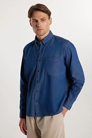 Regular Fit Rahat Kesim Cepli Denim Düğmeli Yaka Mavi Kot Gömlek