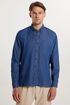 Regular Fit Rahat Kesim Cepli Denim Düğmeli Yaka Mavi Kot Gömlek
