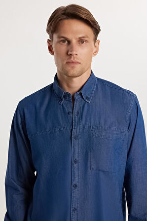 Regular Fit Rahat Kesim Cepli Denim Düğmeli Yaka Mavi Kot Gömlek
