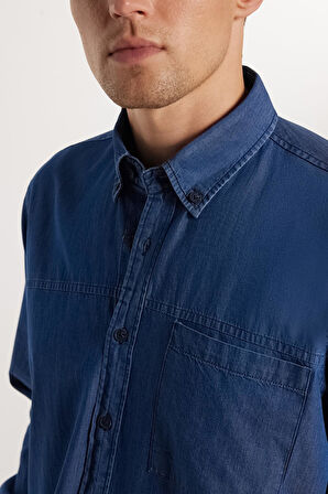 Regular Fit Rahat Kesim Cepli Denim Düğmeli Yaka Mavi Kot Gömlek