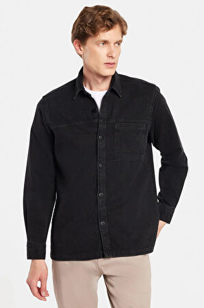 Regular Fit Rahat Kesim Cepli Denim Düğmeli Yaka Siyah Kot Gömlek