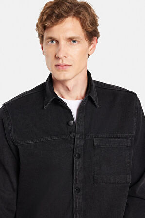 Regular Fit Rahat Kesim Cepli Denim Düğmeli Yaka Siyah Kot Gömlek