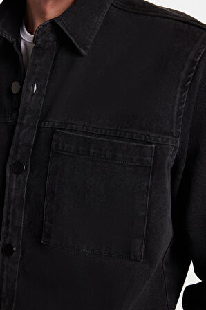 Regular Fit Rahat Kesim Cepli Denim Düğmeli Yaka Siyah Kot Gömlek