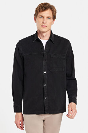 Regular Fit Rahat Kesim Cepli Denim Düğmeli Yaka Siyah Kot Gömlek