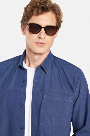 Regular Fit Rahat Kesim Cepli Denim Düğmeli Yaka Lacivert Kot Gömlek