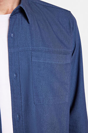 Regular Fit Rahat Kesim Cepli Denim Düğmeli Yaka Lacivert Kot Gömlek