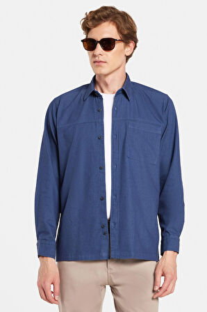 Regular Fit Rahat Kesim Cepli Denim Düğmeli Yaka Lacivert Kot Gömlek