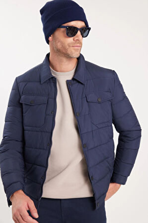 Erkek Regular Fit Klasik Kesim Çift Cepli Çıtçıt Kapamalı Koyu Mavi Mont