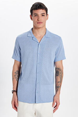 Erkek Slim Fit Dar Kesim Kısa Kollu Örme Doku Apaş Yaka Mavi Gömlek